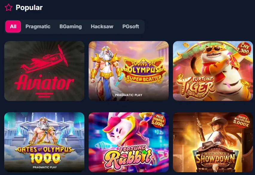 Lukkly'de popüler oyunlar: Aviator, Gates of Olympus, Fortune Tiger, Fortune Rabbit ve Showdown